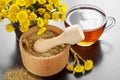 Mortar, pestle and bucket with coltsfoot flowers Royalty Free Stock Photo