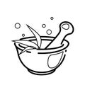 Mortar and pestle cartoon line icon. Spa, wellness, chemistry, pharmaceutical concept pictogram for social media design