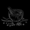Mortar and pestle concept on blackboard. Pepper set. Grinding spices and food ingredients