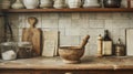 A mortar and pestle on a counter top with jars of spices, AI Royalty Free Stock Photo