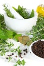 Mortar and Pestle with Fresh Herbs Royalty Free Stock Photo