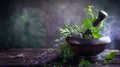 Mortar and pestle with fresh herbs, enigmatic smoke, rustic style still life. herbal medicine preparation, natural Royalty Free Stock Photo