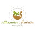 Mortar and pestle graphic vector symbol composed with green leaves. Homeopathy creative logo for use in medicine, rehabilitation Royalty Free Stock Photo