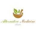 Mortar and pestle graphic vector symbol composed with green leaves. Homeopathy creative logo for use in medicine, rehabilitation Royalty Free Stock Photo