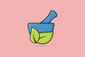 Mortar and Pestle with green leaves vector illustration.