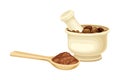 Mortar and Pestle with Ground Seeds of Theobroma Cacao as Aromatic Chocolate Ingredient Vector Illustration