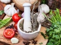 Mortar with pestle and herb and spices on table Royalty Free Stock Photo