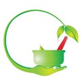 Mortar and pestle.herbal Leaf, green. logo.