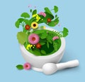 Mortar and pestle with herbal leaf papercut vector