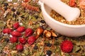 Mortar and pestle with herbs