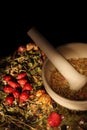 Mortar and pestle with herbs