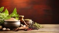 Mortar and pestle with herbs and spices on wooden table Royalty Free Stock Photo