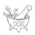 Mortar and Pestle with herbs, triple moon symbol. Witch kitchen. Hand drawn line art