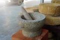 Granite stone mortar and pestle are utensils for cooking in the kitchen.