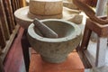 Granite stone mortar and pestle are utensils for cooking in the kitchen.