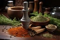 mortar with pestle on a kitchen table with various spices