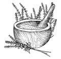 Mortar and pestle with Lavender Flowers. Hand drawn vector illustration for alternative medicine or essential oil Royalty Free Stock Photo
