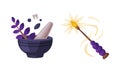 Mortar and pestle and magic wand. Witchcraft attributes, halloween objects cartoon vector illustration Royalty Free Stock Photo