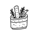 Mortar and pestle with medicine herbals in outline doodle style