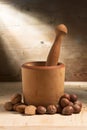 Mortar and Pestle with Nuts and Almonds