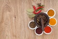 Mortar and pestle with pepper and spices Royalty Free Stock Photo