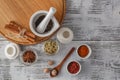 Mortar and pestle with pepper and spices on wooden table Royalty Free Stock Photo