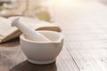 Mortar and pestle on the pharmacist`s table Royalty Free Stock Photo