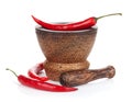 Mortar and pestle with red hot chili pepper Royalty Free Stock Photo