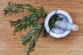 Mortar and pestle with rosemary herb from above Royalty Free Stock Photo