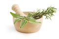 Mortar and pestle with sage and rosemary Royalty Free Stock Photo