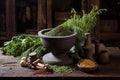 mortar and pestle with spices and herbs on an old wooden table Royalty Free Stock Photo