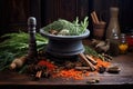 mortar and pestle with spices and herbs on an old wooden table Royalty Free Stock Photo