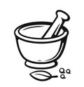 Mortar and Pestle with spices outline style. Royalty Free Stock Photo