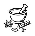 Mortar and Pestle with spices outline style.