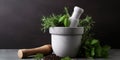 Mortar and pestle surrounded by vibrant, fresh herbs, set against a simple backdrop, illustrating the preparation of