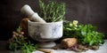 Mortar and pestle surrounded by vibrant, fresh herbs, set against a simple backdrop, illustrating the preparation of