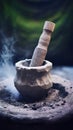 A mortar and pestle on a table with smoke coming out, AI Royalty Free Stock Photo