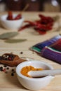 Mortar and Pestle With Turmeric and Chili Peppers