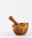 Mortar & Pestle, Wooden handmade mortar and pestle isolated on White background. Royalty Free Stock Photo