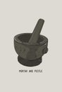 Mortar and pestle in a wreath of spices and herbs, hand-drawn vector illustration Royalty Free Stock Photo