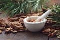 Mortar of powdered pine bark, branches of evergreen pine tree and dry pine bark on table