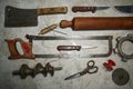 Mortara 09/10/2019 : cleaver, knife and saw and scissors Royalty Free Stock Photo