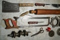 Mortara 09/10/2019 : cleaver, knife and saw and scissors Royalty Free Stock Photo