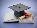 Mortarboard and certificate standing on open book. 3D illustration
