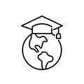 Mortarboard on Earth globe. Graduation hat. International college graduation. Pixel perfect, editable stroke