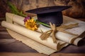 A mortarboard and a graduation scroll on the desk, education learning concept, map with light background, generative AI. Royalty Free Stock Photo