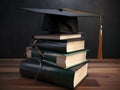 Mortarboard standing on book stack. Generative AI Royalty Free Stock Photo