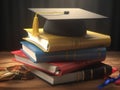 Mortarboard standing on book stack. Generative AI