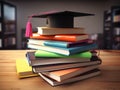 Mortarboard standing on book stack. Generative AI Royalty Free Stock Photo