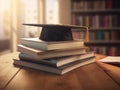 Mortarboard standing on book stack. Generative AI Royalty Free Stock Photo